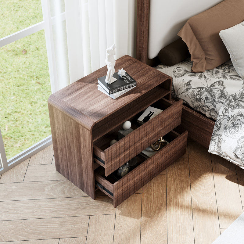 Table de chevet cannelée à 2 tiroirs 30,71 po avec tablette de rangement ouverte Ridge, table de chevet embossée 3D