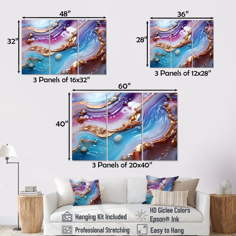 Opulent Agate Azure Dreams Glam - ensemble de reproductions d'art mural en marbre, Toile tendue, H 28 po x l 36 po x P 1 po