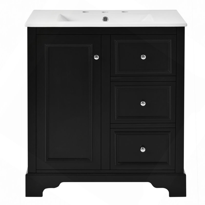 Meuble-lavabo 30 po avec lavabo en céramique, 3 tiroirs et tablettes réglables, Noir
