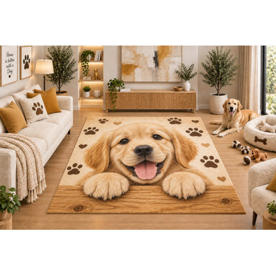 Tapis « Ultra Fin » 152 x 213 cm (5 pi x 7 pi) à motif de chiot Golden Retriever réaliste avec empreintes de pattes et cœurs, pour salon ou chambre d'animal de compagnie, dos en silicone antidérapant, poils courts.