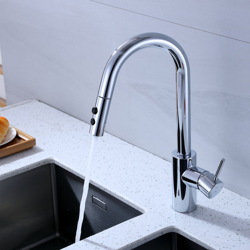 Robinet de cuisine contemporain à poignée simple avec accessoires, Chrome