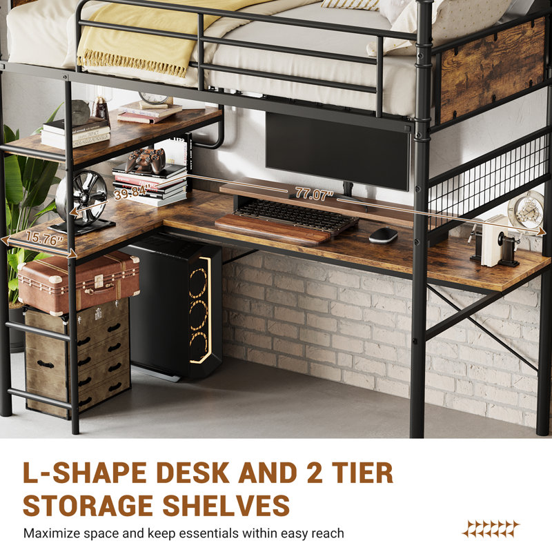 Loft Bunk Bed w/ L-Shaped Desk, Twin Loft Bed w/ Desk Underneath, Metal Bunk Beds w/ High Guardrail and Ladder, Brown