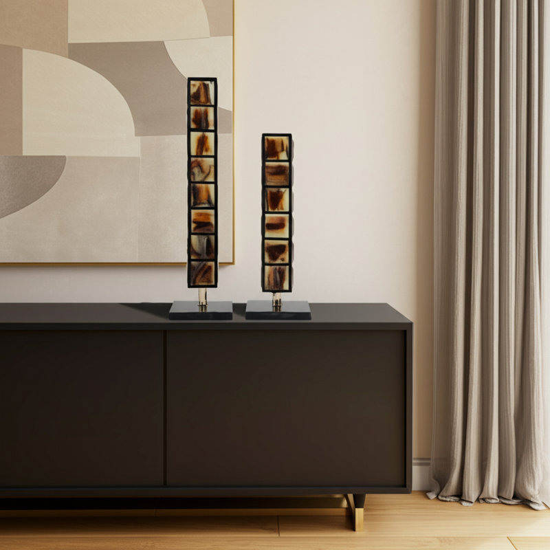 Decorative Geometric Column Sculptures with Square Accents, Brown