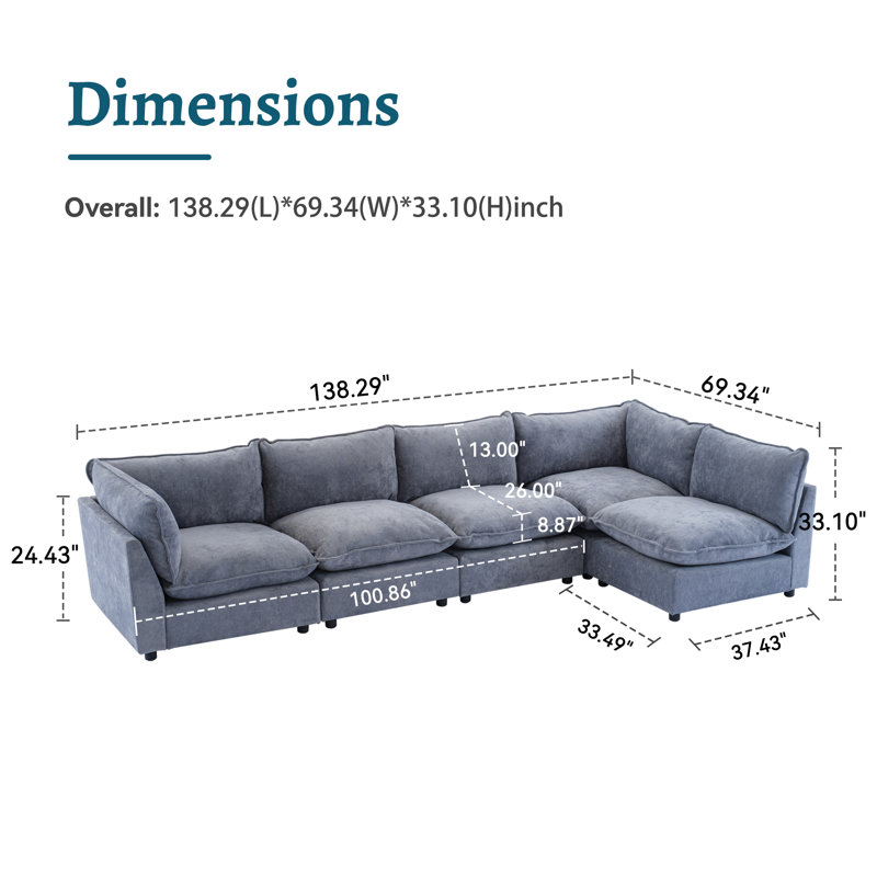 Canapé modulaire surdimensionné à 5 places de 106,38 po de largeur, Bleu gris