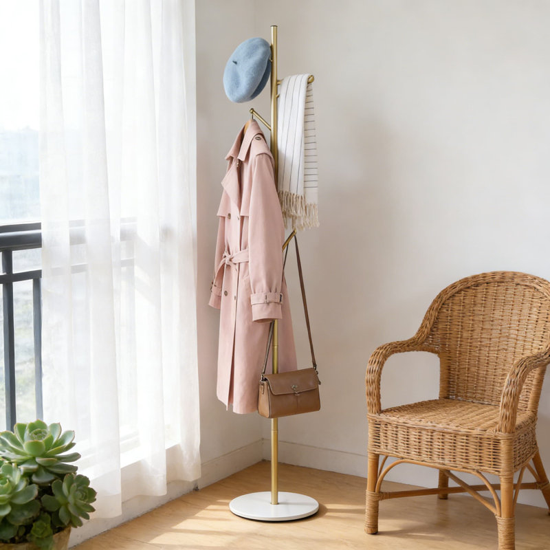 Freestanding Coat Rack With Weighted Marble Base, Adjustable Height Metal Coat Tree With 7 Hooks, Space-Saving Standing Coat Stand For Entryway, Bedroom, Office