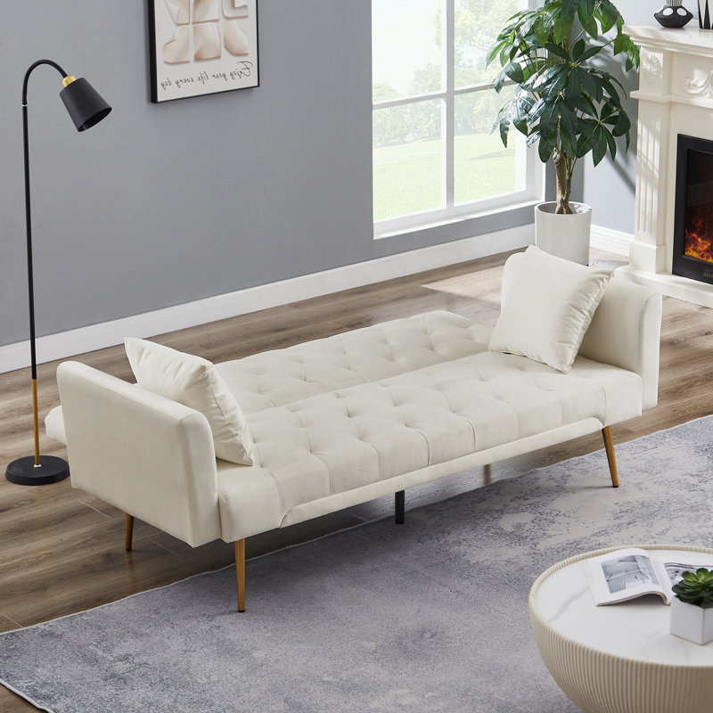 Ethyleen Twin 71.65'' Velvet Convertible Sofa, Beige Velvet