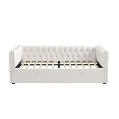 Lit de jour simple avec tiroirs, canapé-lit capitonné, avec bouton sur le dos et clou en cuivre sur les accoudoirs ondulés, velours