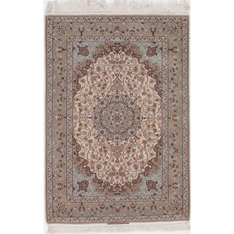 Tapis noué à la main ivoire / bleu / gris unique de 4 pi x 5 pi 6 po