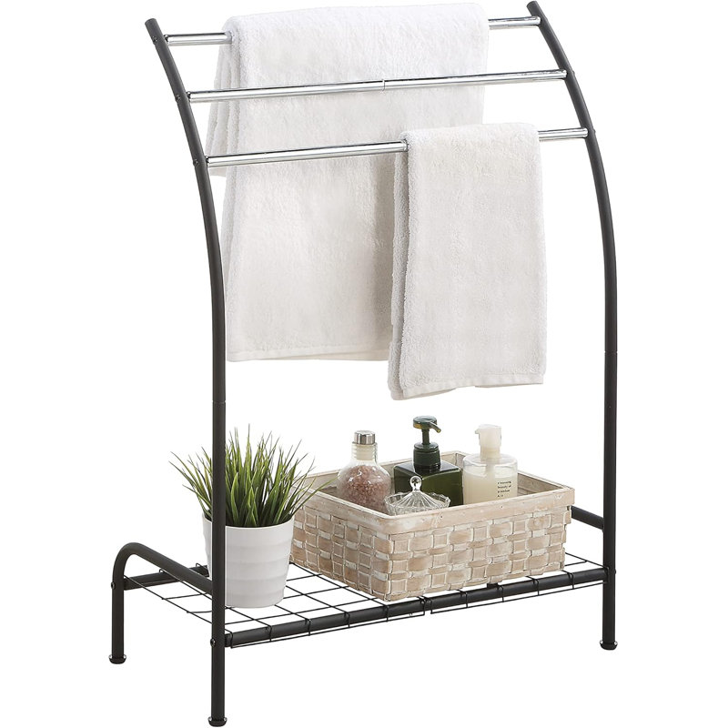 Black Freestanding 3-Bar Towel Rack with Bottom Shelf
