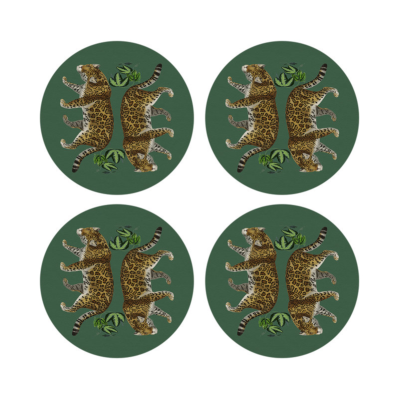Leopard Seeing Double Vegan Leather Round Coasters, Evergreen