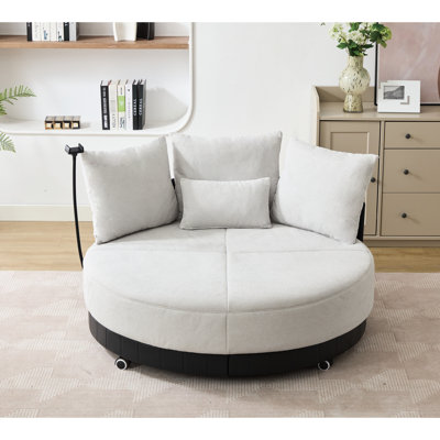 Grand fauteuil confortable pivotant à 360 °, gris, support pour téléphone réglable, avec coussins décoratifs, 2 rotations photographiques rondes de 52,55 po de large, gris, accent