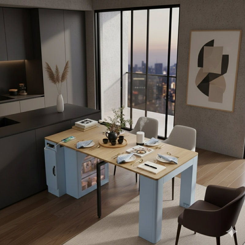 Table de salle à manger extensible avec 3 panneaux centraux amovibles, îlot de cuisine mobile sur roulettes avec prise de courant et armoire de rangement, peu encombrant pour la salle à manger et le salon (gris, bleu et naturel)