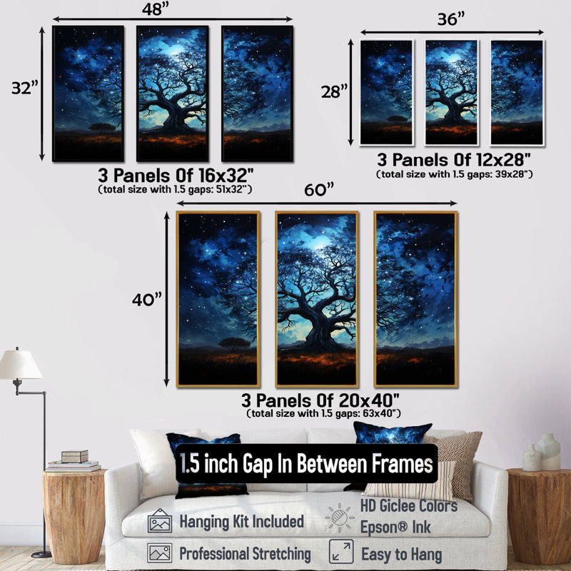 Arbre bleu d'Afrique, Serengeti, arbre 1, art mural africain, Cadre flottant blanc, H 40 po x l 61 po x P 1 po