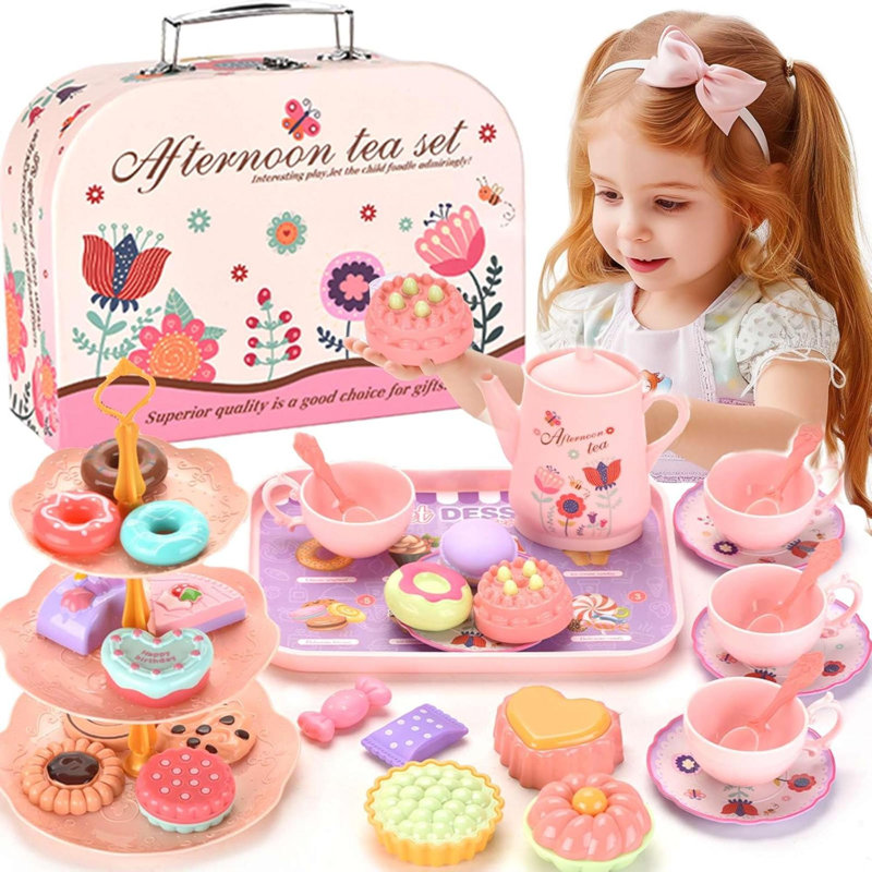 Kids Plastic Tea Party Set For Toddlers & Ages 3-8 – Princess Pretend Play Kitchen Toy With Carrying Case, Teapot, Cups, Saucers, Dessert Toys & Tray | Gift For Little Birthday