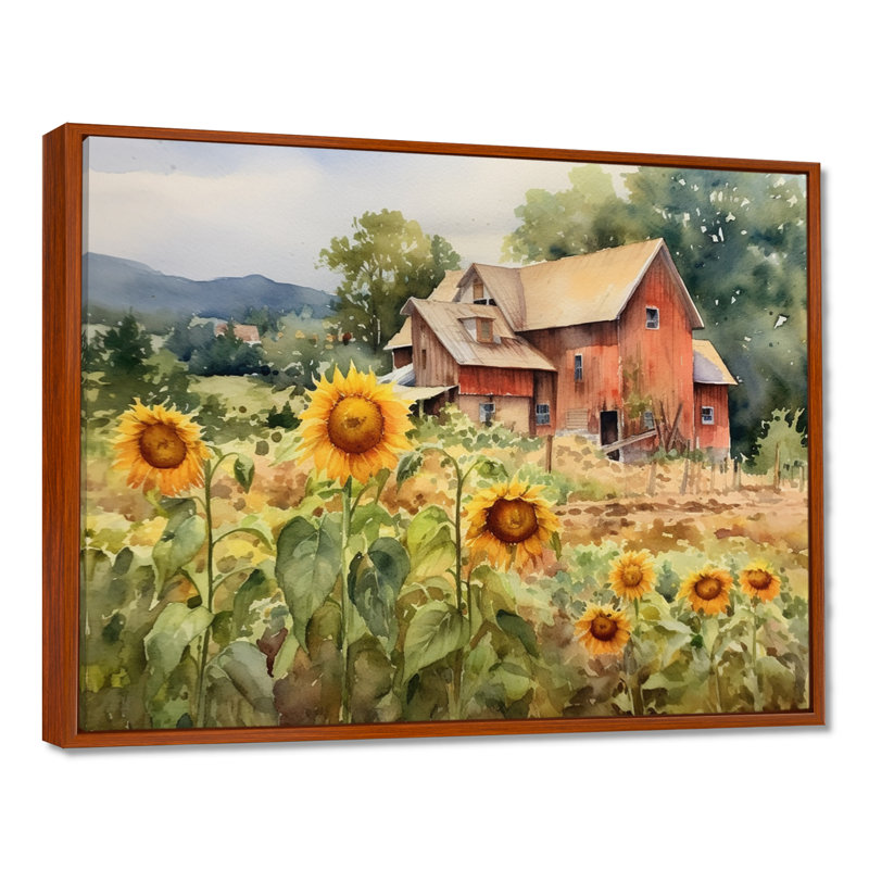 Tournesol doré à la ferme III - art mural floral, H 34 po x l 44 po x P 1,5 po, Cadre flottant brun