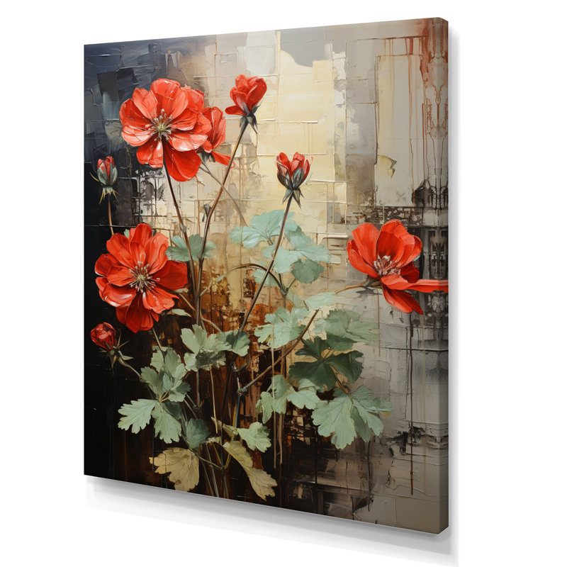 «Red Geraniums Scarlet Bloom Patchwork I» - Décoration murale florale et botanique, Toile tendue, H 32 po x l 16 po x P 1 po