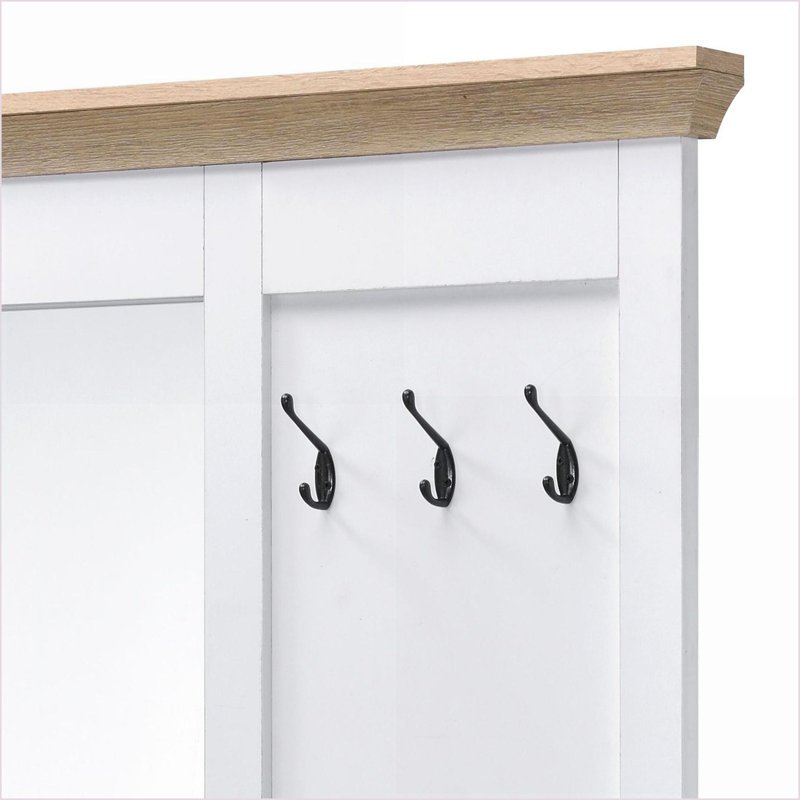 Arbre d'entrée avec miroir, banc, rangement et amp; Crochets | Chêne clair Finition blanche | Chêne clair, blanc | Bois synthétique
