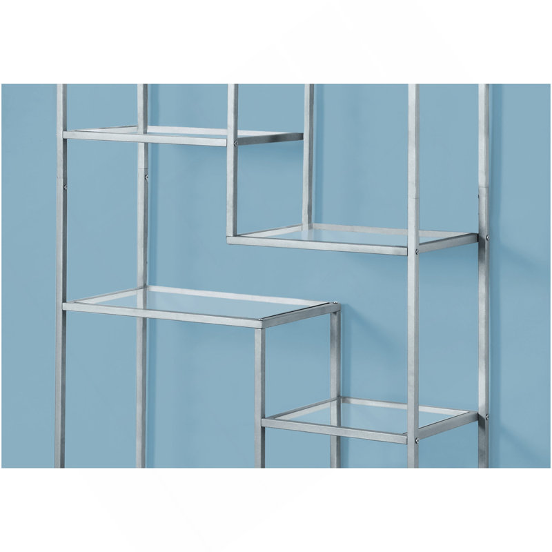 Bibliothèque, bibliothèque, étagère, H 72 po, bureau, chambre à coucher, verre trempé transparent, métal gris, contemporain, moderne