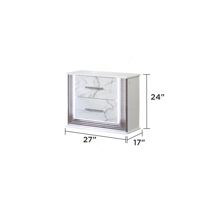 Table de chevet Desire - Façades de tiroirs d'inspiration marbre, éclairage latéral à DEL et garniture métallique pour un rangement de chevet glamour et pratique