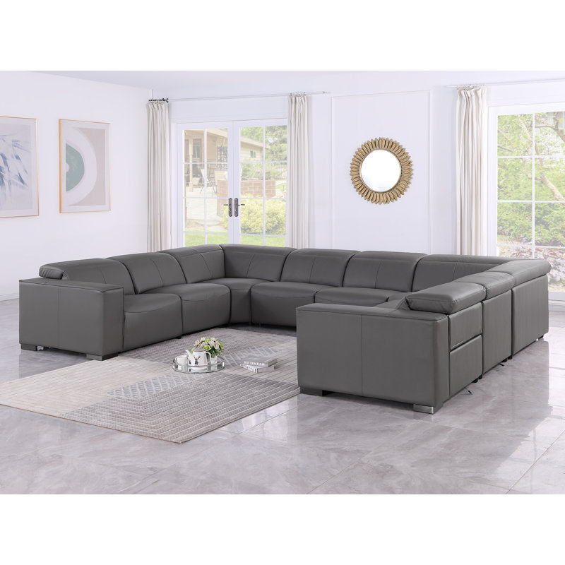 Arcadia Luxurious 8-Piece U-Sectional In Genuine Leather With 2 Power Recliners With Power Headrests, Gray