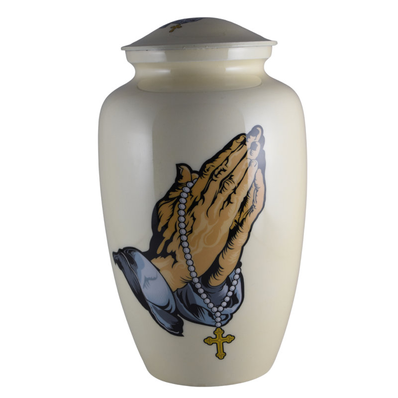 Handmade Praying Hands Holding Rosary Beads Urn