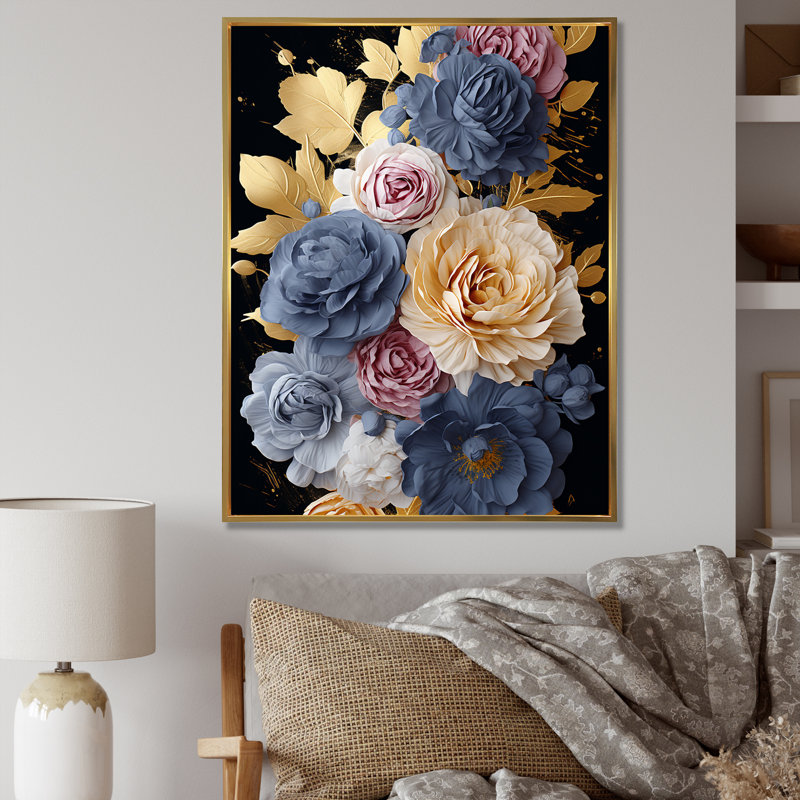 Or doré et rose bleue I - Rose, art mural, Cadre flottant doré, H 32 po x l 24 po