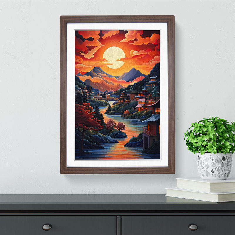 Japanese Sunset Cubism - Single Picture Frame Print on Wood, 64cm H x 46cm W x 2cm D, Walnut Framed