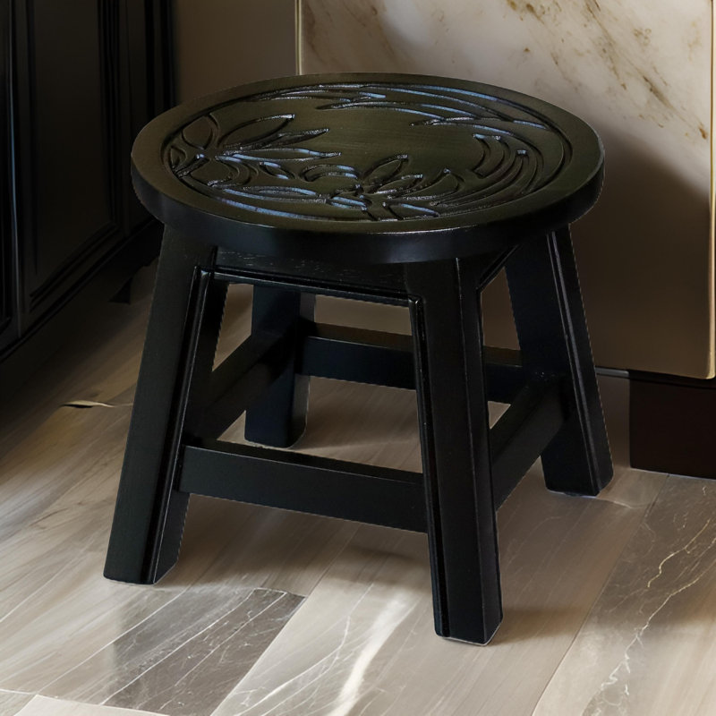 Carved Wooden Step Stool, Floral, Natural, Espresso Brown