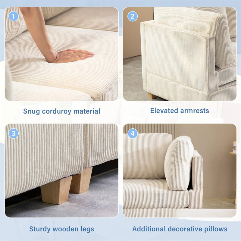 126" Modular Sectional Corner Sofa 4 Pieces Corduroy Deep Seat Cloud Couch With Pillows, Beige Corduroy