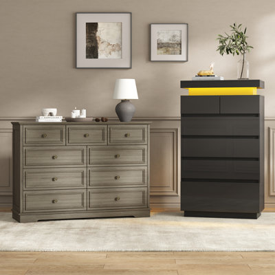 2-Piece Vintage Bedroom Storage Set with LED 6-Drawer Tall Chest and 9-Drawer Dresser