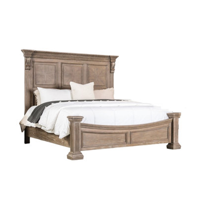 Queen Type Bed Frame With Solid Wood Structure, Weathered Oak Panel Headboard And Design For Traditional Bedroom Headboard, Posts Use
