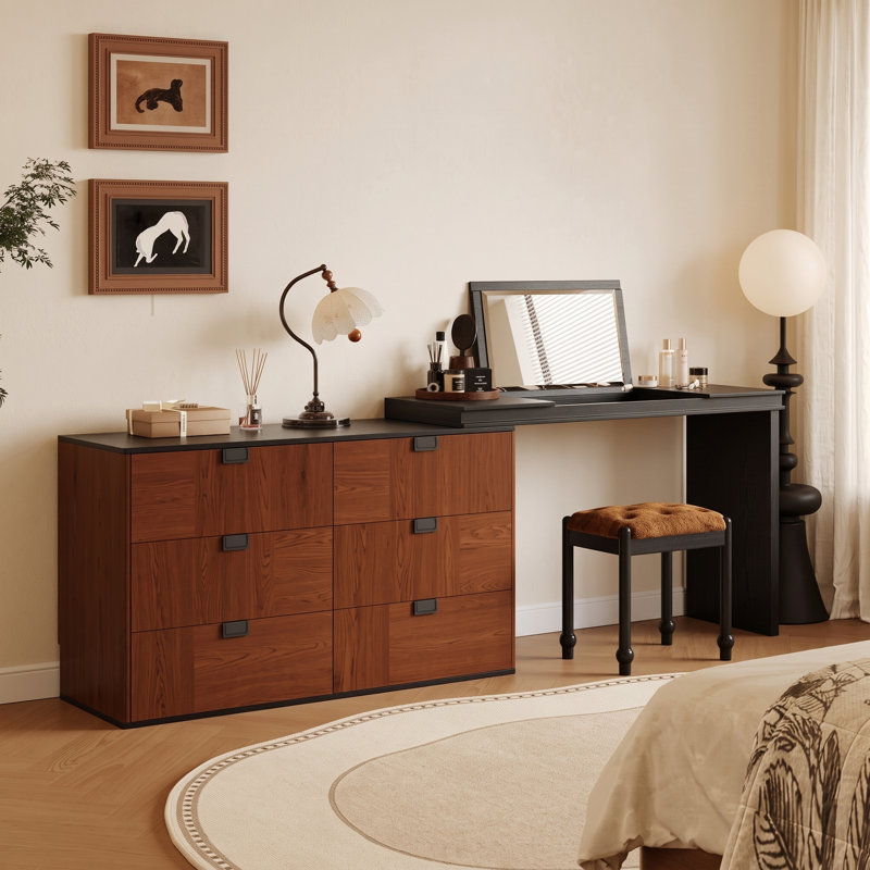 Coiffeuse extensible de style moderne du milieu du siècle avec miroir rabattable et meuble de rangement pour maquillage