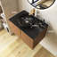 Meuble-lavabo mural en contreplaqué avec comptoir en pierre frittée noire et lavabo et portes ronds en céramique, couleur grain de bois chêne brun