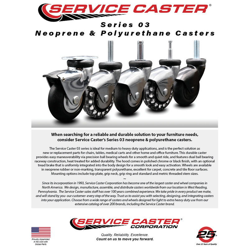 3 Inch Bright Chrome Hooded Neoprene Rubber 3/8 Inch Threaded Stem Casters Set 4, Bright Chrome