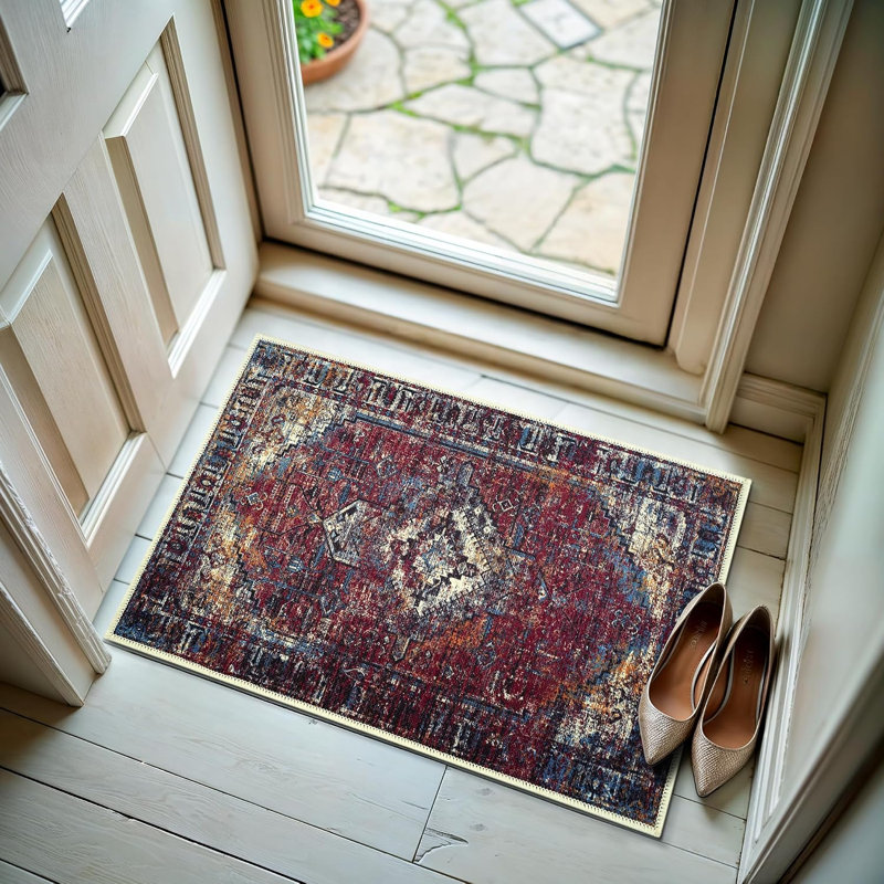 GLN Rugs Vintage Collection - Machine Washable Area Rug, Vintage Washable Rug, Non Slip Area Rug, Low Pile Living Room Rug, Bedroom Rug, Bathroom Rug - Easy Clean (Burgundy Rug)