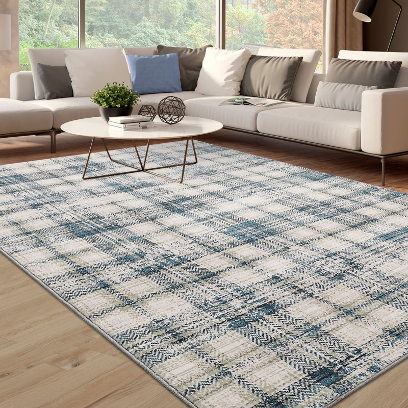 Machine Washable Rug Gingham Non-Slip Modern Rug for Living Room Bedroom Nursery Dining Table Stylish Carpet for Dorm and Bedside Decor