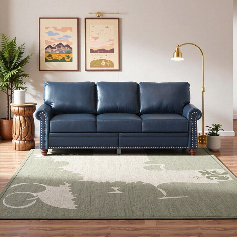 Elegant Black Faux Leather Sofa with Nail Head Trim - 3-Seater Couch for Living Room, Navy Blue