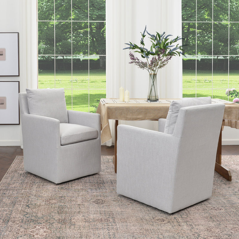 Cathlino 25" Wide Modern No Assembly Upholstered Linen Down Fill Dining Armchair with Interchangeable Casters & Fixed Feet (Set of 2)