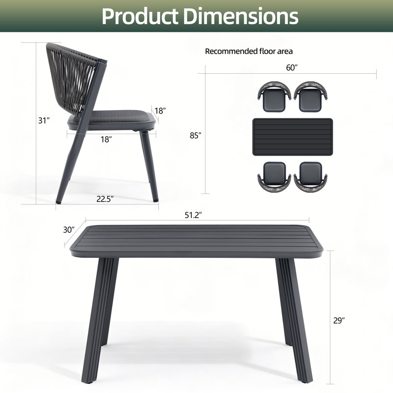 Ensemble de salle à manger 5 pièces pour l'extérieur, table rectangulaire en aluminium 51,2 po et 4 chaises en osier tissées à la main avec coussins respirants à 3 couches, meubles de patio toutes saisons résistants à la rouille pour le jardin et la terrasse