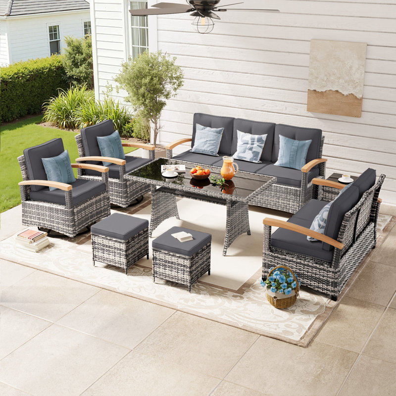 Meissalivve 8 Pieces Patio Furniture Sets, Pe Wicker Outdoor Conversation Sets With 2 Wood Armrests Swivel Rocker Chairs, 2 Ottomans, 2 Sofa And Dining Table (Grey)
