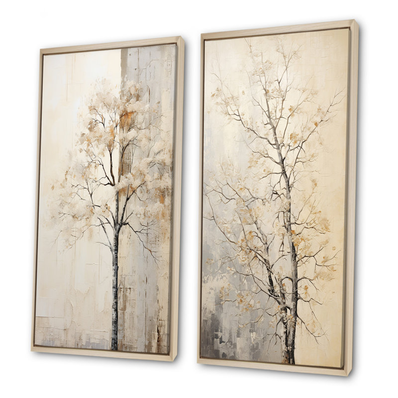 «Beige Trees Oak Solitude», ensemble de 2 impressions sur toile de chêne, H 40 po x l 41 po, Cadre flottant brun