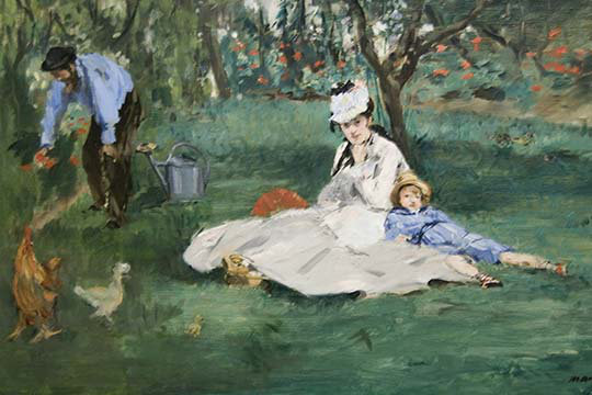 La famille Monet dans leur jardin à Argenteuil, par Édouard Manet - reproduction imprimée, H 24 po x l 36 po x P 1,5 po