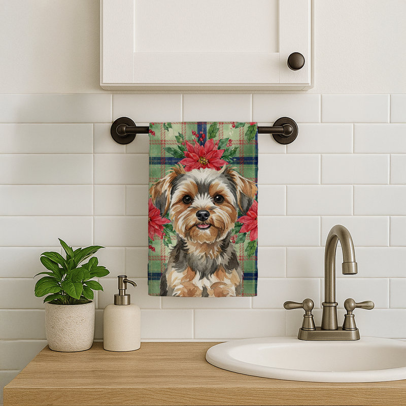 Yorkiepoo Christmas PoinsettIas Kitchen Towel, Gray/Brown Yorkiepoo