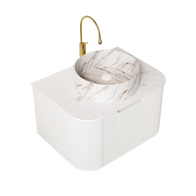 Meuble-lavabo de salle de bain 24 po Dina, armoire de rangement en contreplaqué rayé à bords arrondis avec tiroir, vasque en céramique à motif blanc mat et plateau en pierre frittée, pré-assemblé, blanc
