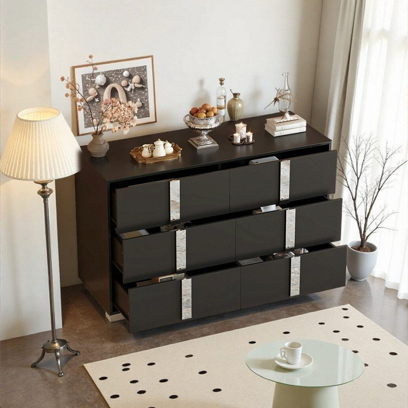 Commode 6 tiroirs 47 po, armoire de rangement en MDF avec détails en métal, Noir
