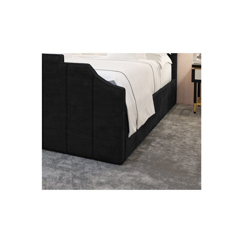 Annalei Regal Velvet Upholstered Bed Frame - Shaped Headboard, Chrome Feet, Black, Double (4'6)
