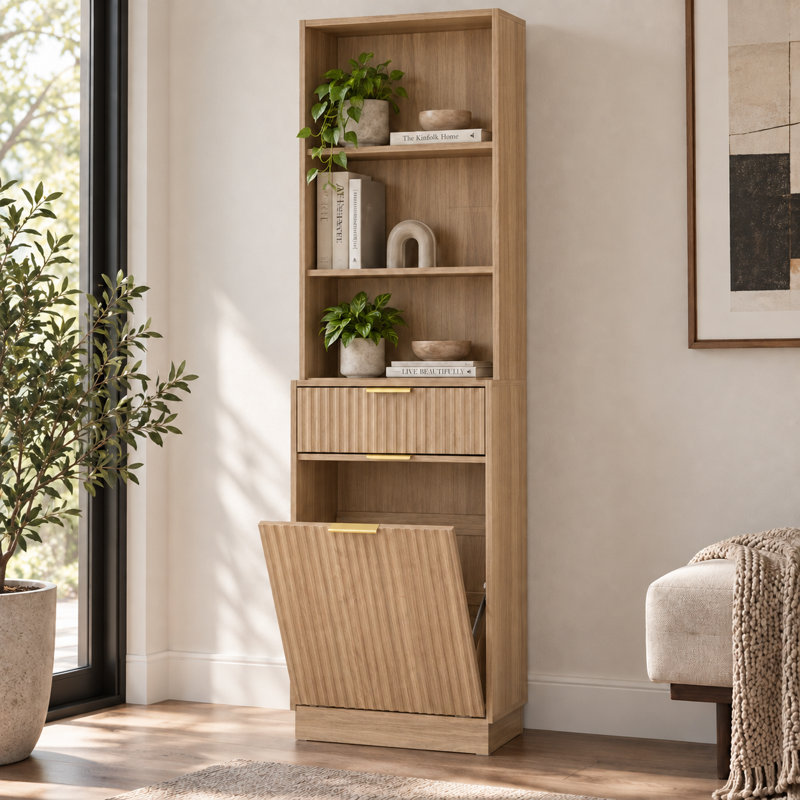 Armoire de rangement haute et étroite avec compartiment poubelle basculant, meuble de rangement de cuisine en noyer cannelé avec tiroir et étagères ouvertes