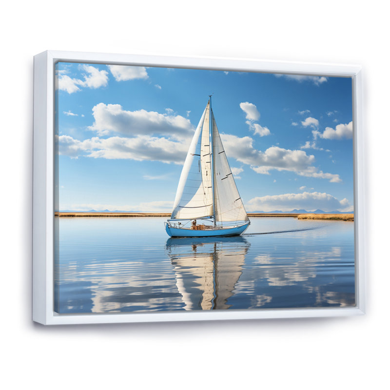 Voilier, voile, sérénité I - Bateau, art mural sur toile, H 34 po x l 44 po x P 1,5 po, Cadre flottant blanc