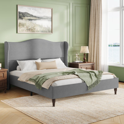 King Size Upholstered Wingback Platform Bed with Tall Headboard-Light Gray