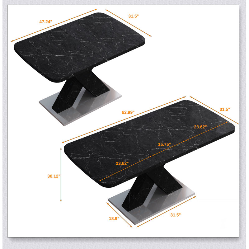 Table de salle à manger moderne carrée, extensible, avec pied de table en MDF en forme de X, Noir, Noir